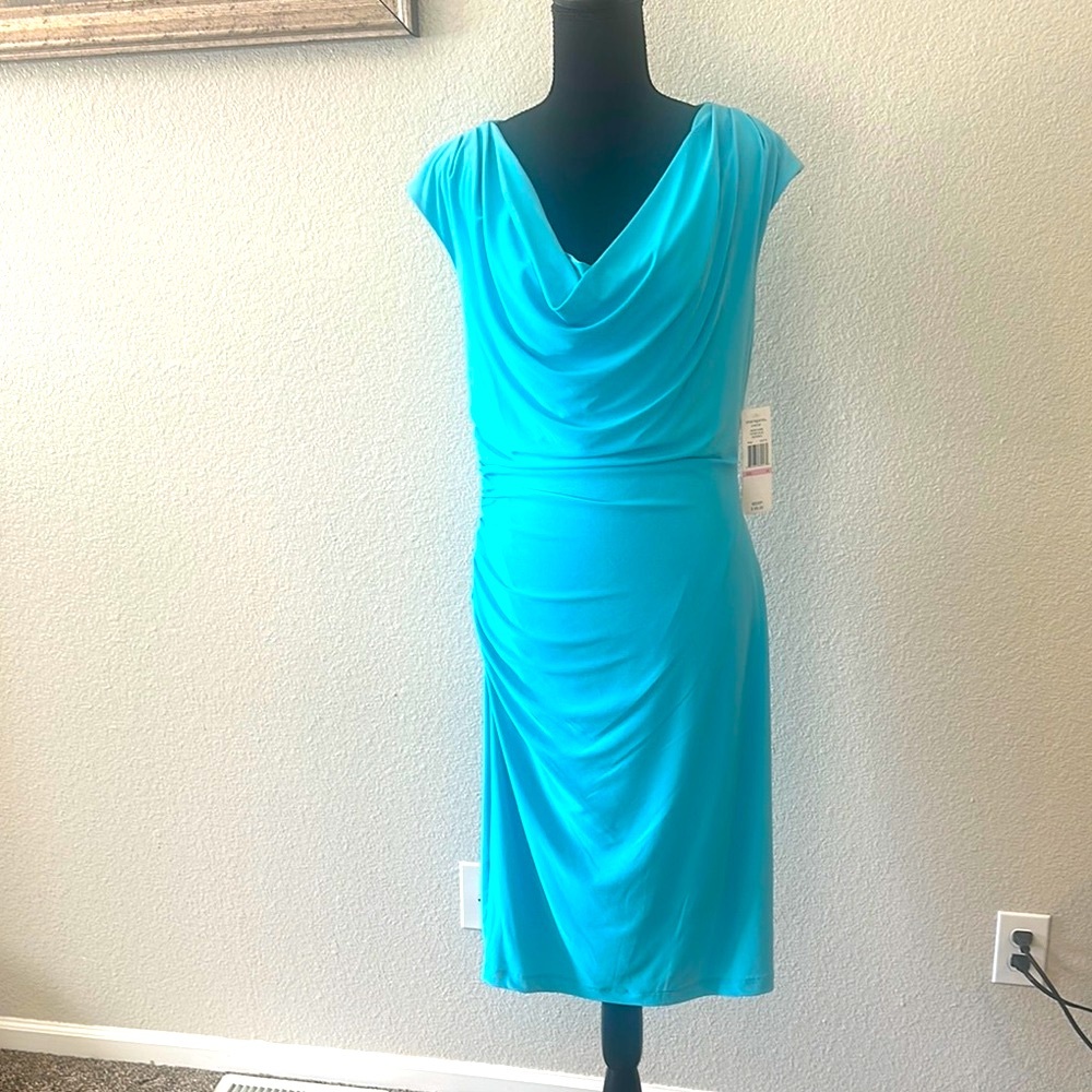 Sharagano Blue Ruched Wrap Midi Dress